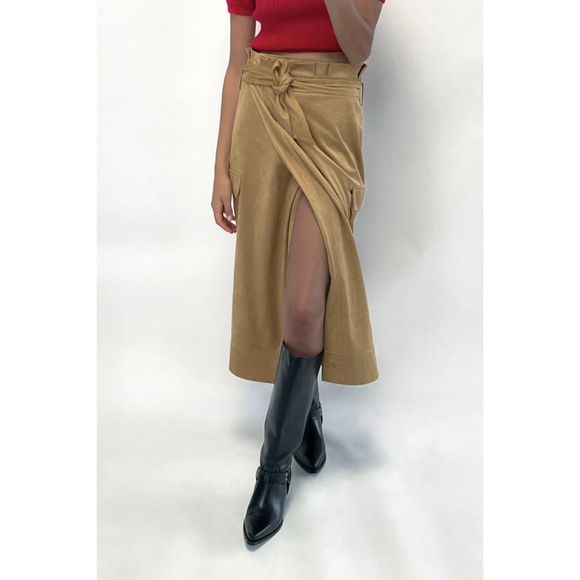 ZARA FAUX SUEDE PAPERBAG MIDI SKIRT - Picture 2 of 6